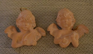 Set of 2 Terra Cotta Winged Cherub Angel Putti Christmas Ornament Gold Hangers - Picture 1 of 2