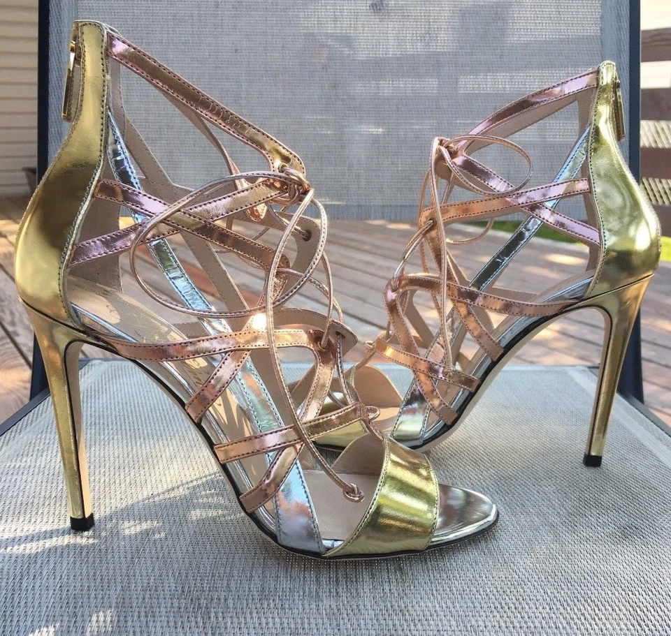 Womens ALEJANDRO INGELMO Size 36 Boomerang Metallic Strappy Lace Up Sandal Heels - Image 1 of 4