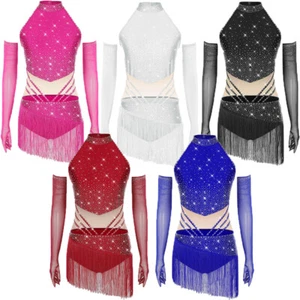 Womens Leotard Cha-cha Bodysuit Fringed Dress Mesh Latin Dresses Figure Skating - Picture 1 of 56