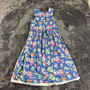 Vtg Cary San Francisco Sleeveless Tea Cup Print Dress Girls 7 Blue Buttons - Picture 1 of 11