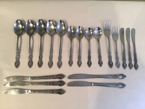 Vintage Orleans Silver Stainless Korea Rose Pattern 19pcs Knives Forks Spoons - Picture 1 of 7
