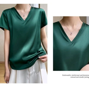 Damen lose kurzärmelige Seidenoberteile Pullover Bluse V-Ausschnitt Freizeit T-Shirt S - Bild 1 von 19