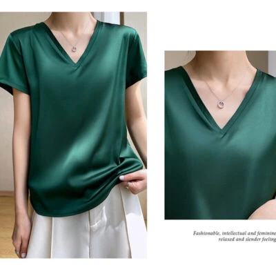 Para mujeres Suelto Manga Corta Seda Prendas para el torso Pullover Blusa Cuello en V Informal Camiseta Camiseta S Foto 1 de 4