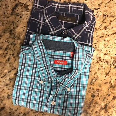 Izod, Tasso Elba Men's Large Short Sleeve Shirts Button Up Plaid Blue Lot of 2 - Image 1 of 4