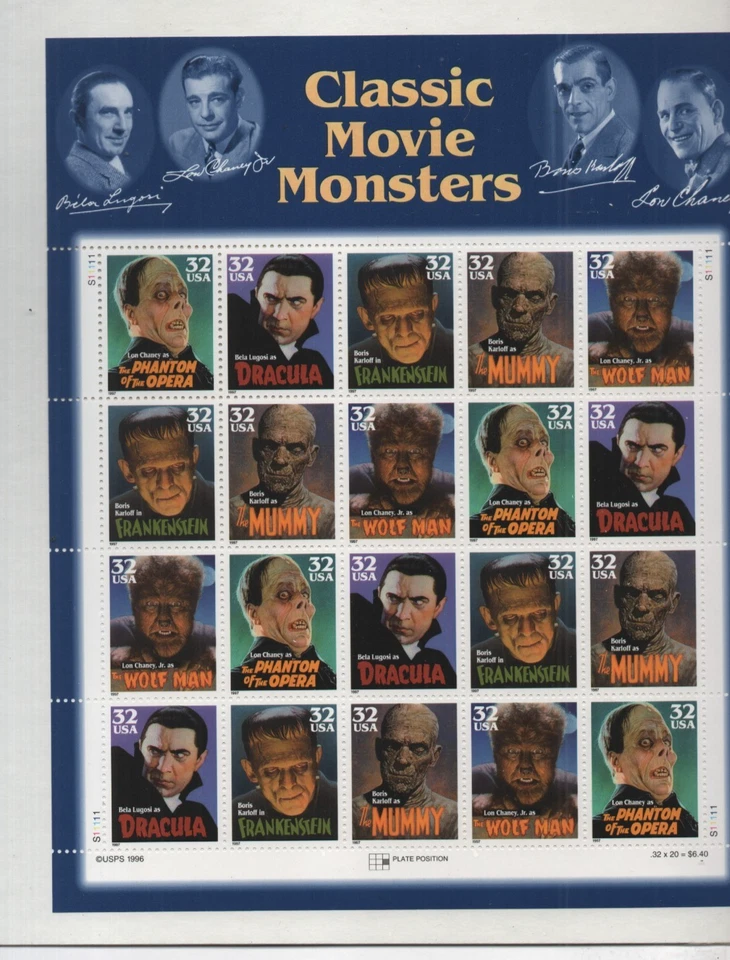 Classic Movie Monsters 1996 32 Cent Sheet 20 USPS Stamps Lugosi Chaney Boris - Image 1 of 1
