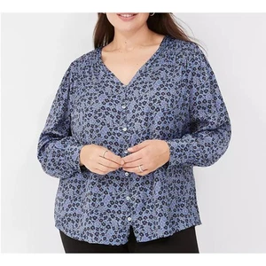 Lane Bryant Blue Floral Blouse Ruched Button-Front Knit & Woven Women Plus 22/24 - Picture 1 of 12