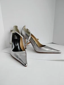 Vintage Gianni Versace 7.5 Silver Slingback Stiletto Heel 37.5 Rhinestone Runway - Picture 1 of 21