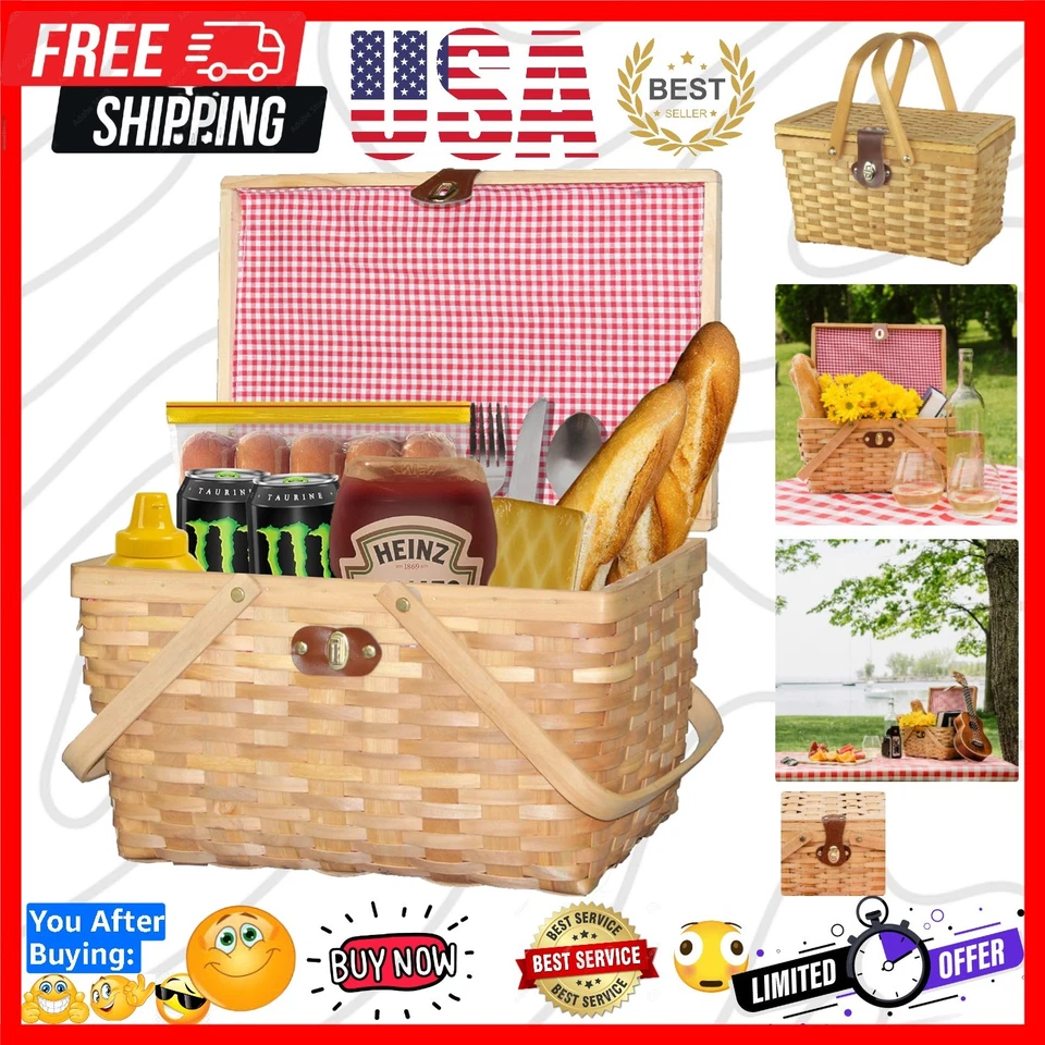 Gingham Natural Lined Woodchip Picnic Basket With Lid and Movable Handles