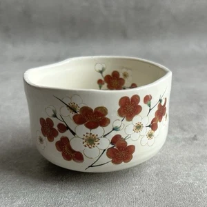 Mino ware Pottery Tea Cup Japanese Matcha Tea Bowl Chawan Red plum White Japan - Picture 1 of 9