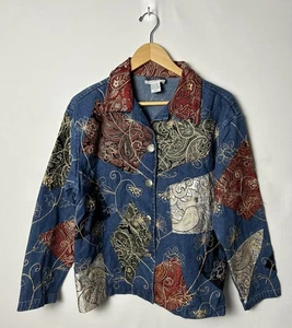 SARA STUDIO Denim Jacket Womens Large Blue Patchwork Paisley Embroidered Boho - Picture 1 of 8