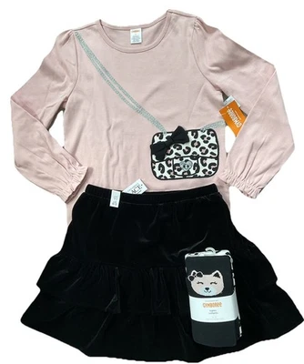 Gymboree TCP Niñas 10 10/12 Negro Terciopelo Falda Rosa Leopardo Bolso Top y Medias Nuevo con Etiquetas Foto 1 de 4