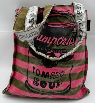 Andy Warhol Campbell’s Soup Shopper Bag Tote Pink Green Striped Canvas - Image 1 of 4