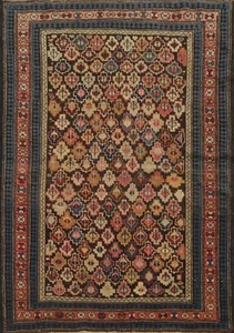 Pre-1900 Antique Geometric Kazak Vegetable Dye Rug 4x5 ft Handmade Wool Carpet - Picture 1 of 16