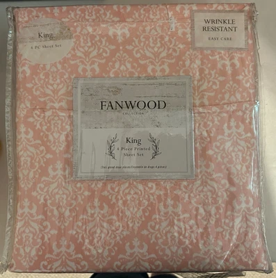 Fanwood Collection  4 PC King Sheet Set-pink & white design - Image 1 of 2