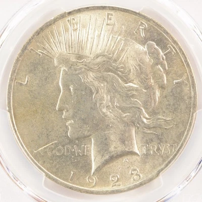 1923 $1 Peace Dollar Struck Through Obverse at K-8 PCGS MS63 - Image 1 of 4