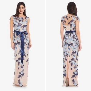 Adrianna Papell Floral Embroidered Column Gown Maxi Dress Formal Boho Blue 4 - Picture 1 of 9