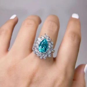 6ct Paraíba Color Teardrop Cut Pave 925 Silver 18k GP Tech Diamond Ring Gift - Bild 1 von 17