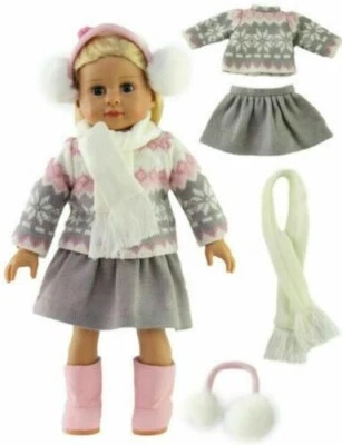 Suéter de Invierno, Falda Gris, Orejeras y Bufanda Ropa para Muñecas Niña 18 Pulgadas  Foto 1 de 4