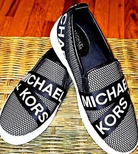 MICHAEL KORS Logo Black White Slip-On Scuba Mesh Wedge Sneakers 6.5 36.5 RARE - Picture 1 of 10