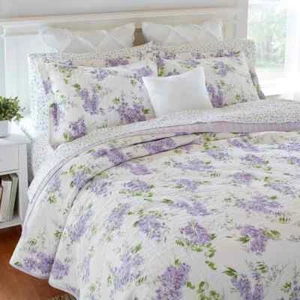 NEW! ~ COZY BEAUTIFUL PURPLE LILAC LAVENDER LEAF GREEN SHABBY CHIC QUILT SET - Picture 1 of 9