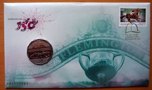 150TH MELBOURNE CUP LIMITED EDITION GOLD STAMPED STAMP & COIN 2010 PNC COVER - Bild 1 von 1