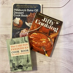Lot 3 Vintage Cook Books Pillsbury Desserts Jiffy Cooking Fredricks Nutrition - Foto 1 di 2
