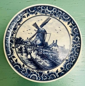Vtg Delfts Blauw Blue Windmill White Hand Painted Ceramic Plate Made In Holland - Picture 1 of 11