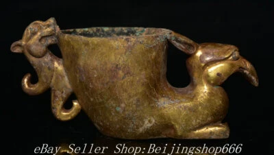 7.2" Antique Chinese Tang Dynasty Bronze 24K Gold Gilt Dragon Phoenix Cup Statue - Image 1 of 4