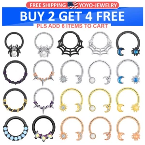 16G Surgical Steel Septum Clicker Nose Rings Hinged Segment Hoop CZ Gem Piercing - Picture 1 of 16
