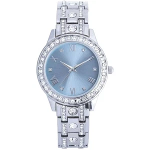 Damen Uhr Analog Quarz Edelstahl Armband  Kristall Lünette Blau - Bild 1 von 2