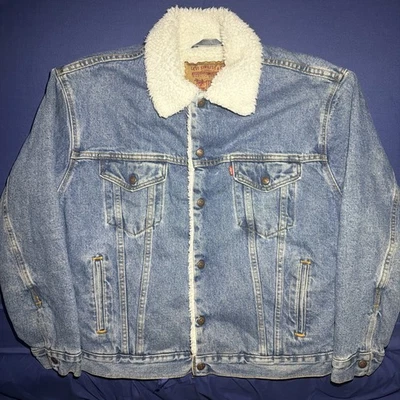 VTG Levis Denim Trucker Jacket Mens K Sherpa Fleece Lined 70609 Made in USA 90s - Image 1 of 4