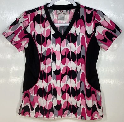 Scrub Top womens size XS Abstract Pink Comfort Stretch Panels White Black - Image 1 of 3
