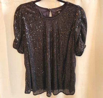 Top Torrid Mujer Talla 0 Negro Disco Lentejuelas Forradas Eras Mangas Acanaladas Y2K 17333 Foto 1 de 4