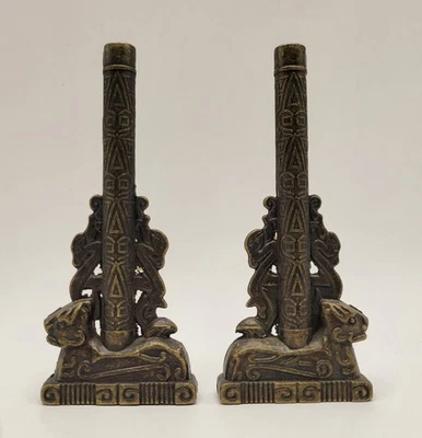 Antique Chinese Bronze Foo Dog Stands  Candlesticks 5 in Early 20th Century - Image 1 of 4