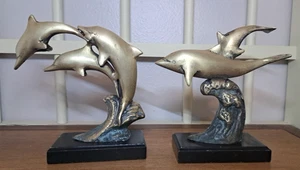 Vtg GATCO Solid Brass Dolphin Bookends Leaping Flying Over Waves RARE - Picture 1 of 7