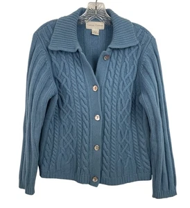 Vintage Casual Corner Blue Lambswool Cable Knit Cardigan Sweater Womens Size M - Picture 1 of 7