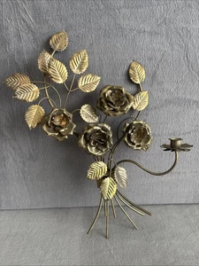 Vintage Kerzenständer Halter Wandleuchter Metall Rose Blume Blatt Gold 20” x 14” MCM - Bild 1 von 7
