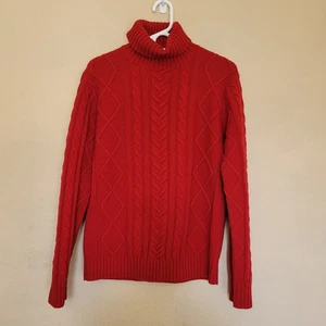 Giordano 100% Wool Cable Knit Fisherman Turtleneck Red Sweater Women Size Medium - Picture 1 of 6
