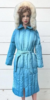 Vtg 70s Puffer Jacket Great Six Goose Down Fox Fur Trim Hood Coat Norway Sz 7/8 - Image 1 of 4