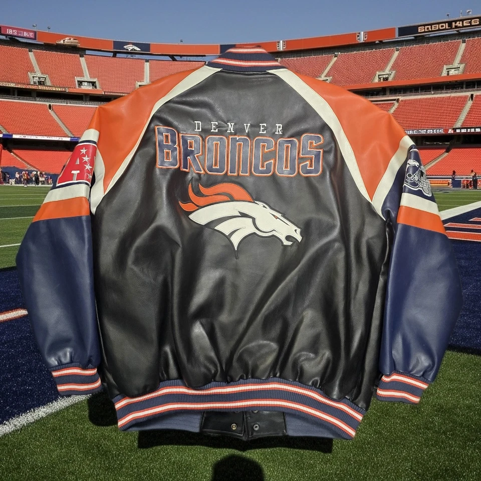 NFL Denver Broncos Faux Leather Varsity Jacket XL Y2K VTG Trendy Bomber Premium - Image 1 of 4