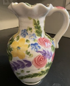 Tabletops Gallery "Jardine" 10” Hand-painted Floral Pitcher Fluted Top - Picture 1 of 7