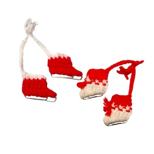 Crochet Ice Skate Christmas Tree Ornaments Red & White Handmade Vintage - Picture 1 of 4