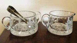 Vintage Creamer & Sugar Bowl Glass Crystal Cut Details Etched Set Tongs No Chips - Picture 1 of 14