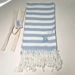Victoria Secret Beach Picnic Blanket Fringe Blue White Stripped Logo Handle - Picture 1 of 6