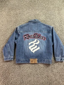 VINTAGE RocaWear Jacket Boys 7 Blue Denim Big Logo Trucker Coat Kids Y2K - Picture 1 of 11