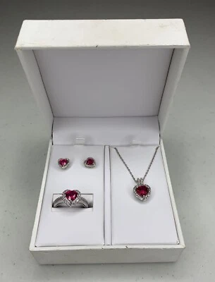 Ruby & White Sapphire 925 Sterling Silver Heart Ring, Earrings, & Necklace Set - Image 1 of 4