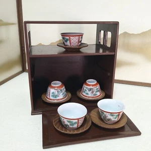 Vintage Japanese Wooden Sencha Shelf Box Sado Tool W/Kutani Teacups&Tea Saucers - Picture 1 of 10