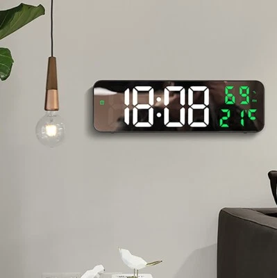 Digital Wall Clock Mirror Dual Alarm Date Temperature Humidity LED Night Mode - Image 1 of 4