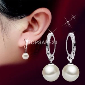 925 Sterling Silver Plated Hoop Charm Pearl Drop Dangle Earrings - Picture 1 of 8