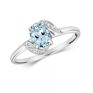 Real Aquamarine and Diamond Ring Solid White Gold Oval Twist Solitaire Sizes J-Q - Picture 1 of 5
